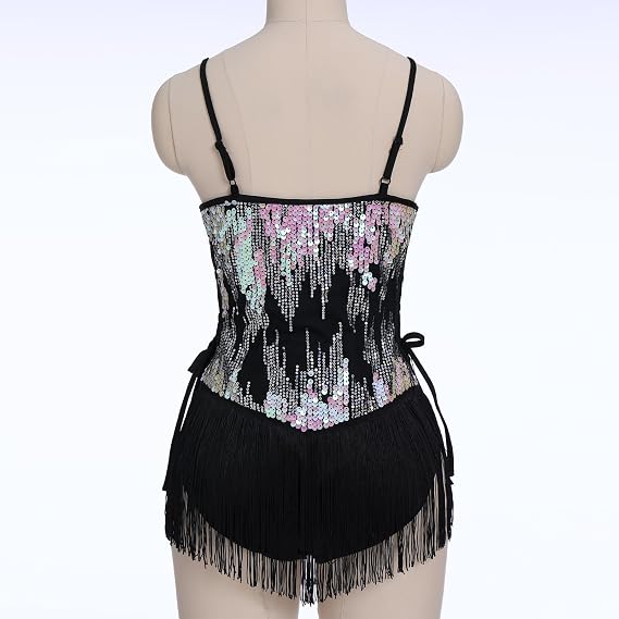 Sequin Fringe Bodysuit for Women Sparkly Hollow Out Tassel Romper Leotard Rave Latin Jazz Dance Costume