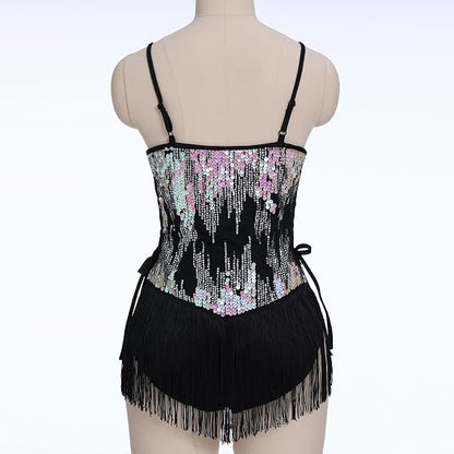 Sequin Fringe Bodysuit for Women Sparkly Hollow Out Tassel Romper Leotard Rave Latin Jazz Dance Costume