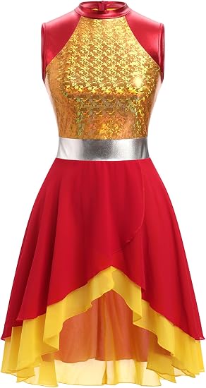 Metallic Color Block Praise Dance Overlay Dress for Women Asymmetrical Ruffle Worship Tunic Liturgical Dancewear