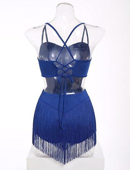 Rhinestone Fringe Bodysuit Women Sparkly Latin Jazz Dance Costume Halter Tassel Fringe Romper Acrobat Trapeze Outfits