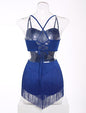 Rhinestone Fringe Bodysuit Women Sparkly Latin Jazz Dance Costume Halter Tassel Fringe Romper Acrobat Trapeze Outfits