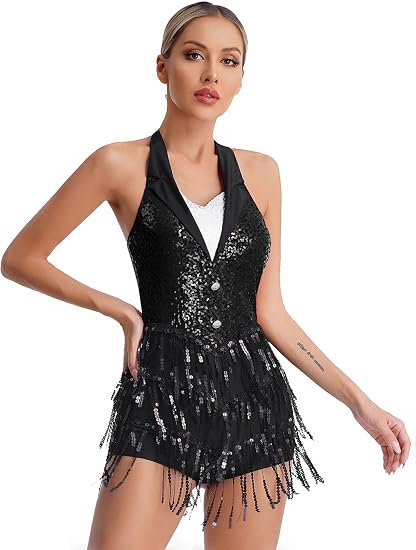 Women's Latin Jazz Costume Shiny Sequins Fringe Jumpsuit Sleeveless Tassel Leotard Dancewear