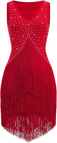 Women Latin Dance Dress Sleeveless V Neck Rhinestone Top Midi Fringe Skirt Jazz Ballroom Outfit