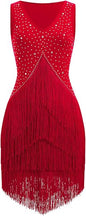 Women Latin Dance Dress Sleeveless V Neck Rhinestone Top Midi Fringe Skirt Jazz Ballroom Outfit