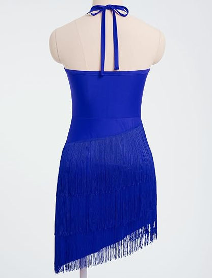 Sparkly Tassel Latin Dance Dress for Women Halter Asymmetric Fringe Flapper Dresses Mesh Salsa Tango Ballroom Dance Costume