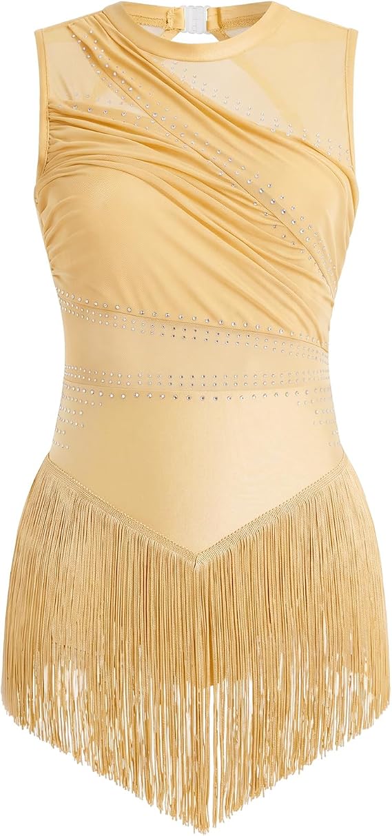 Women Sexy Rhinestone Fringe Latin Showgirl Bodysuit