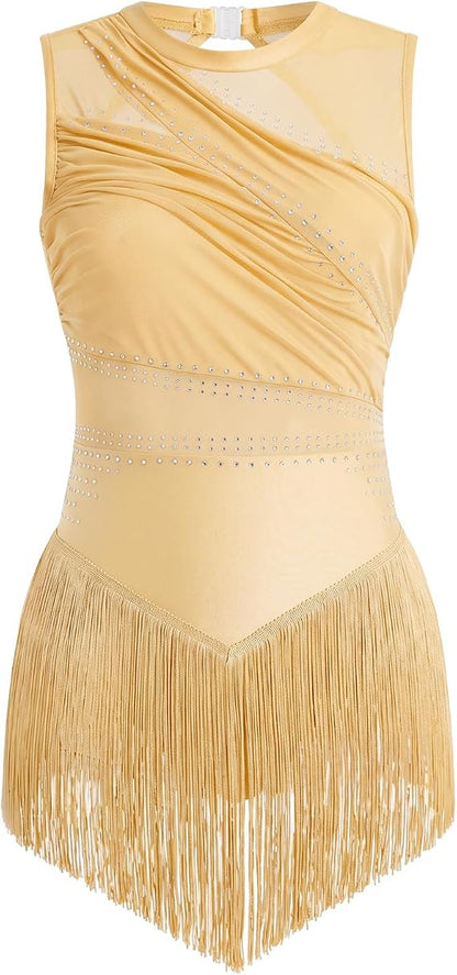 Women Sexy Rhinestone Fringe Latin Showgirl Bodysuit
