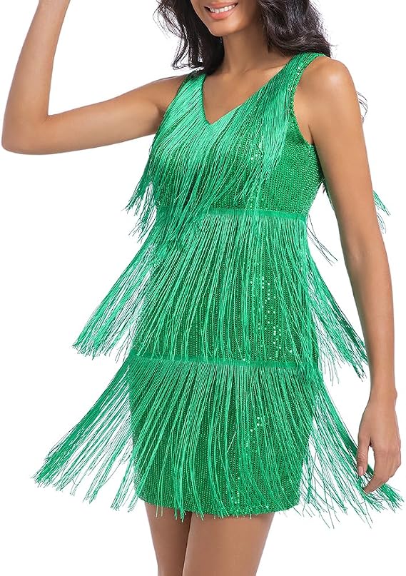 Women's Gatsby 20S Flapper Roarin Cocktail Vintage Tassel Mini Dress, Wedding Fringe Party Club Mini Glitter Dress