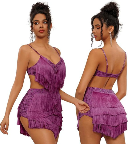NKBRK Rhinestone Fringe Tassel Tiered One Piece Bodysuit Latin Dance Backless Disco Birthday Rave Outfit