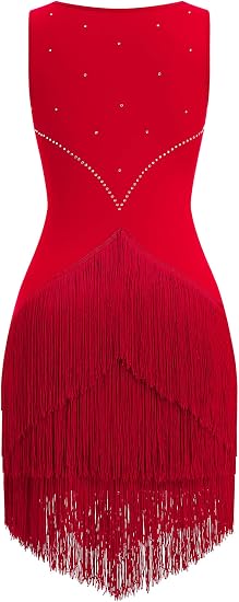 Women Latin Dance Dress Sleeveless V Neck Rhinestone Top Midi Fringe Skirt Jazz Ballroom Outfit