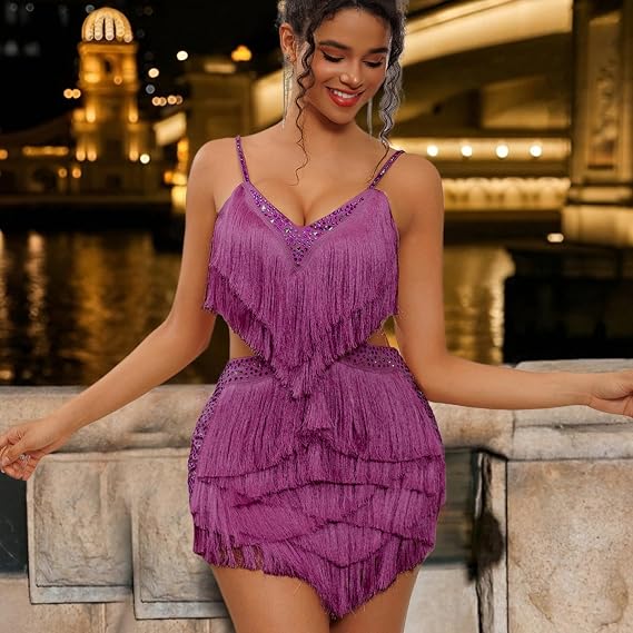 NKBRK Rhinestone Fringe Tassel Tiered One Piece Bodysuit Latin Dance Backless Disco Birthday Rave Outfit
