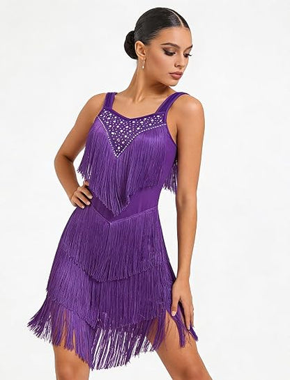 Women's Latin Dance Dress - Sparkly Rhinestones Fringe Salsa Ballroom Dance Outfit Stage Performance Costume