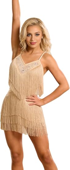 ODIZLI Women's Fringe Rhinestone Latin Dance Dress Leotard- Adjustable Spaghetti Straps V Neck Tie Back Salsa Ballroom Dance