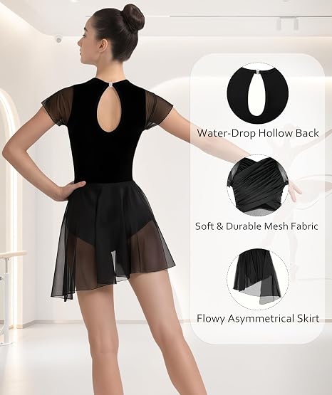 Women Lyrical Dance Costume Dress Contemporary Water Drop Hollow Back Front Crossover Mesh Asymmetrical Skirt