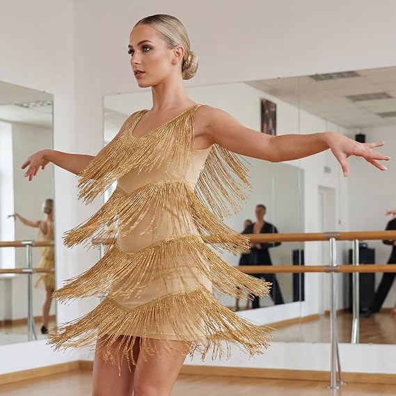 Sparkly Fringe Dress for Women Glitter Tassel Latin Dance Dress V-Neck V-Back Ballroom Jazz Salsa Competition Costume