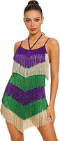 Women's Fringe Latin Dance Dress - Halter Backless Adjustable Cami Straps Color Block Salsa Ballroom Dance Costume
