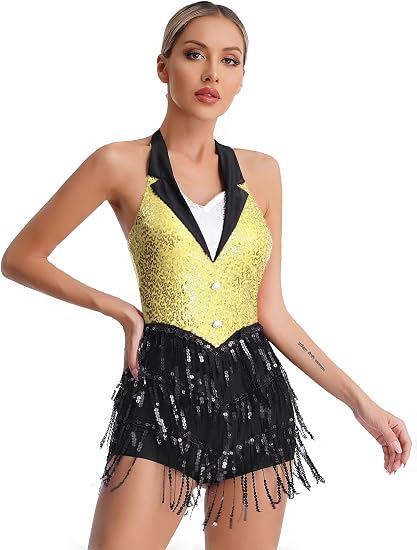Women's Latin Jazz Costume Shiny Sequins Fringe Jumpsuit Sleeveless Tassel Leotard Dancewear