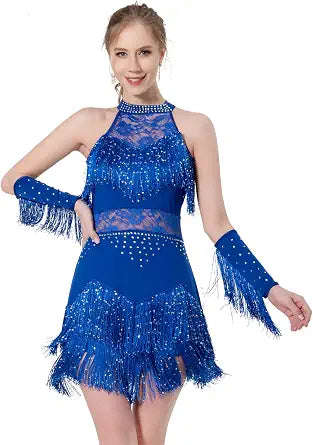 Women Latin Dress Lace Rhinestone Fringe Skirt Ballroom Salsa Cha Cha Dance Party Dress with Armband