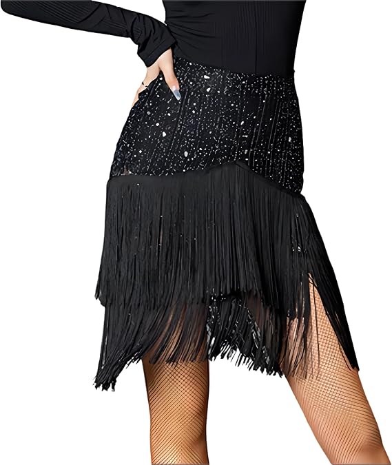 Women Black Latin Dance Skirt Practice Wear Tassel Short Skirt Professional Performance Skirt