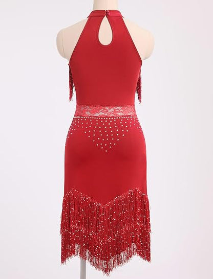 Sparkle Rhinestones Latin Dance Dress for Women Halter Tassel Sequin Fringe Flapper Dress 1920s Lace Ballroom Dance Costume