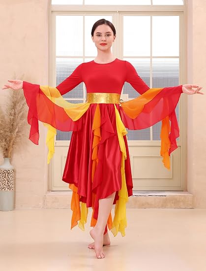Metallic Praise Dance Dress for Women Asymmetric Ruffle Overlay Dresses Liturgical Lyrical Dancewear Worship Costume