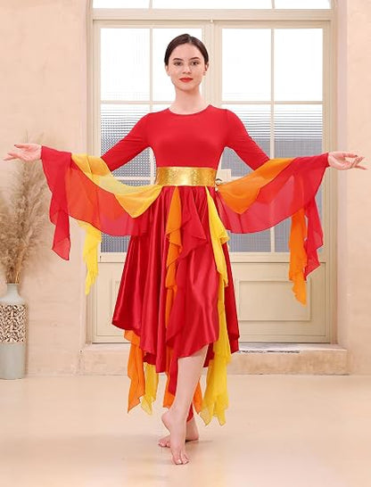Metallic Praise Dance Dress for Women Asymmetric Ruffle Overlay Dresses Liturgical Lyrical Dancewear Worship Costume