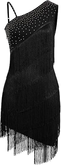 Women One Shoulder Fringe Latin Dance Dress Rhinestone Jazz Salsa Tassel Rave Costume Flapper Ballroom Dance Outfits