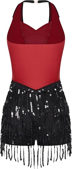Women's Latin Jazz Costume Shiny Sequins Fringe Jumpsuit Sleeveless Tassel Leotard Dancewear