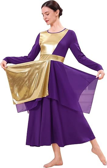 Metallic Praise Dance Dress for Women Asymmetric Ruffle Overlay Dresses Liturgical Lyrical Dancewear Worship Costume