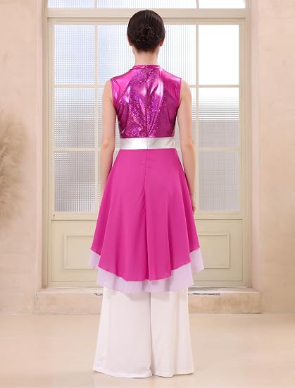 Metallic Color Block Praise Dance Overlay Dress for Women Asymmetrical Ruffle Worship Tunic Liturgical Dancewear