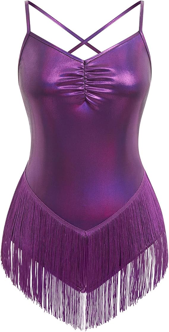 Glitter Metallic Fringe Bodysuit for Women Cross Back Leotard V Neck Tassel Romper Latin Jazz Dance Costume
