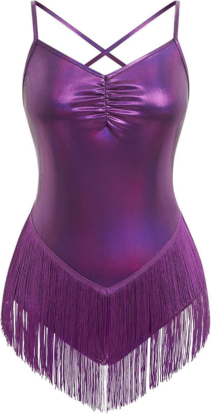 Glitter Metallic Fringe Bodysuit for Women Cross Back Leotard V Neck Tassel Romper Latin Jazz Dance Costume