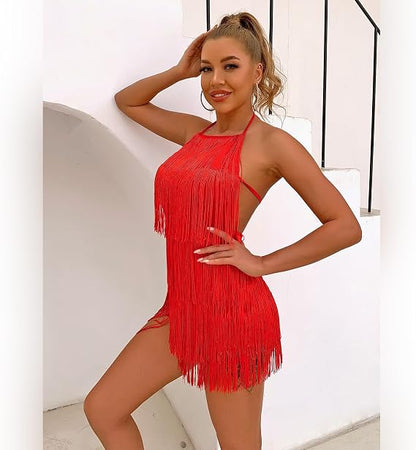 Women Halter Tassel Romper Backless Fringe Latin Dance Dress Evening Short Jumpsuit Dressy Ballroom Tie Back Playsuit