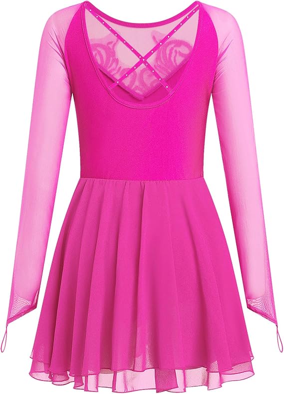 Women's Figure Ice Skating Dress Shiny Rhinestones Ballet Dance Dress Long Sleeve Competition Lyrical Chiffon Dress