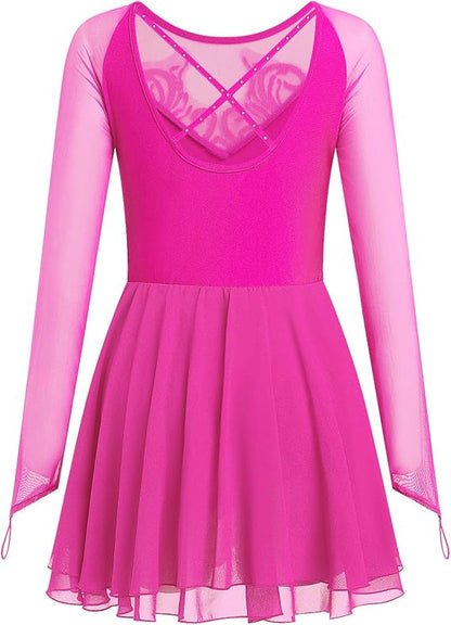 Women's Figure Ice Skating Dress Shiny Rhinestones Ballet Dance Dress Long Sleeve Competition Lyrical Chiffon Dress