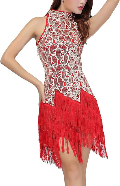 Women's Mock Neck Sequin Tassel Fringe Dress Salsa Latin Ballroom Rave Party Dance Costume