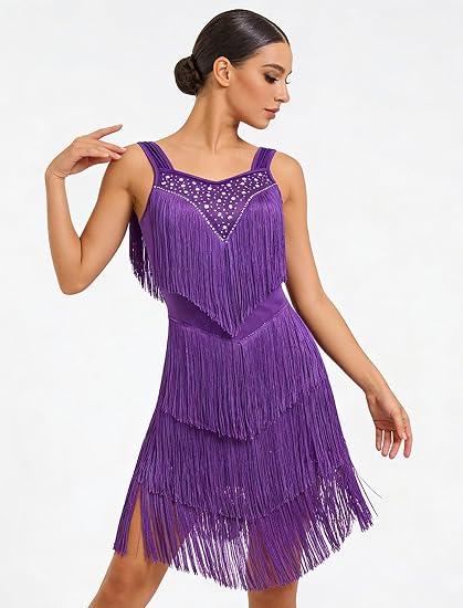 Women's Latin Dance Dress - Sparkly Rhinestones Fringe Salsa Ballroom Dance Outfit Stage Performance Costume