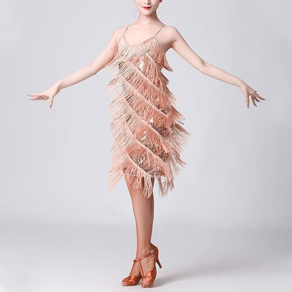 Women Sequin Tassel Dress Sleeveless Stand Collar Fringe Latin Salsa Cha Cha Jazz Dance Costume