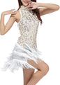 Women's Mock Neck Sequin Tassel Fringe Dress Salsa Latin Ballroom Rave Party Dance Costume