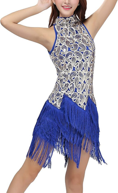 Women's Mock Neck Sequin Tassel Fringe Dress Salsa Latin Ballroom Rave Party Dance Costume