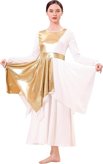 Metallic Praise Dance Dress for Women Asymmetric Ruffle Overlay Dresses Liturgical Lyrical Dancewear Worship Costume