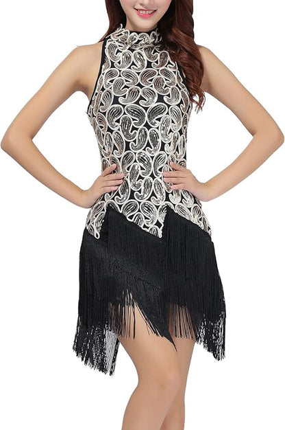 Women's Mock Neck Sequin Tassel Fringe Dress Salsa Latin Ballroom Rave Party Dance Costume