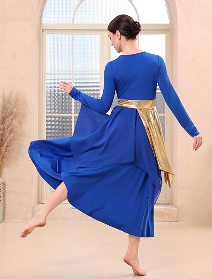 Metallic Praise Dance Dress for Women Asymmetric Ruffle Overlay Dresses Liturgical Lyrical Dancewear Worship Costume