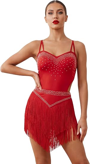 Rhinestone Fringe Bodysuit Women Sparkly Latin Jazz Dance Costume Halter Tassel Fringe Romper Acrobat Trapeze Outfits