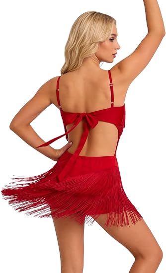 ODIZLI Women's Fringe Rhinestone Latin Dance Dress Leotard- Adjustable Spaghetti Straps V Neck Tie Back Salsa Ballroom Dance