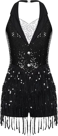 Women's Latin Jazz Costume Shiny Sequins Fringe Jumpsuit Sleeveless Tassel Leotard Dancewear