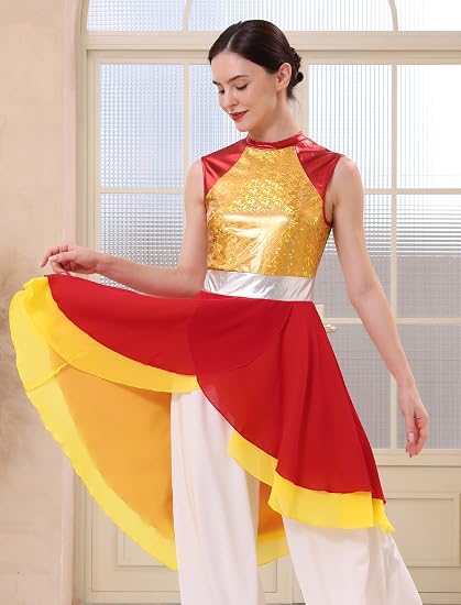 Metallic Color Block Praise Dance Overlay Dress for Women Asymmetrical Ruffle Worship Tunic Liturgical Dancewear
