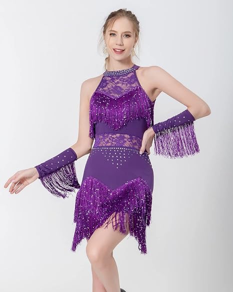 Women Latin Dress Lace Rhinestone Fringe Skirt Ballroom Salsa Cha Cha Dance Party Dress with Armband