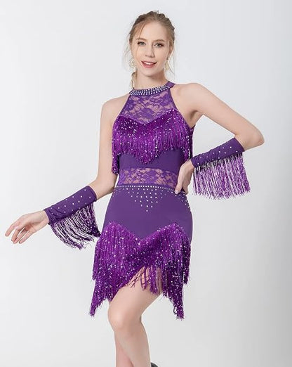 Women Latin Dress Lace Rhinestone Fringe Skirt Ballroom Salsa Cha Cha Dance Party Dress with Armband