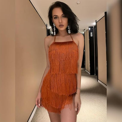 Women Halter Tassel Romper Backless Fringe Latin Dance Dress Evening Short Jumpsuit Dressy Ballroom Tie Back Playsuit